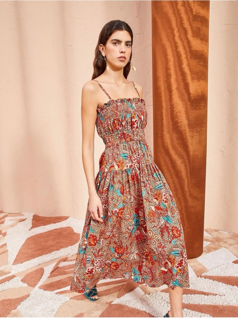 Ulla Johnson Lisbet Dress in Primrose Floral Cotton Poplin Shirred Midi Dress